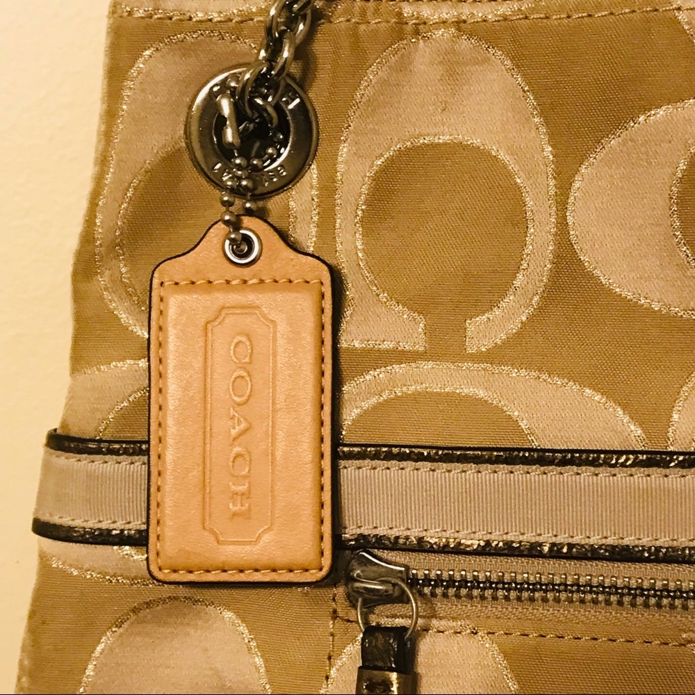 Coach Poppy Signature Metallic Jacquard Khaki Chain Purse Tote Bag - Picture 9 of 11